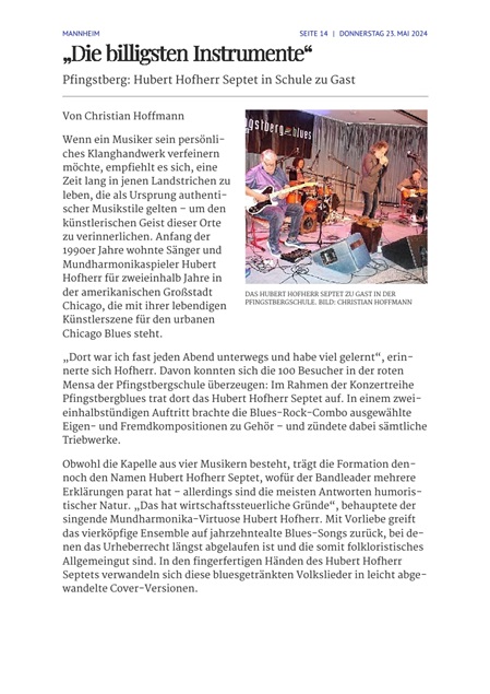 Vorschau 1 Pressebericht Mannheimer Morgen vom 23.05.2024 zu Pfingstbergblues-Konzert Hubert-Hofherr Septet